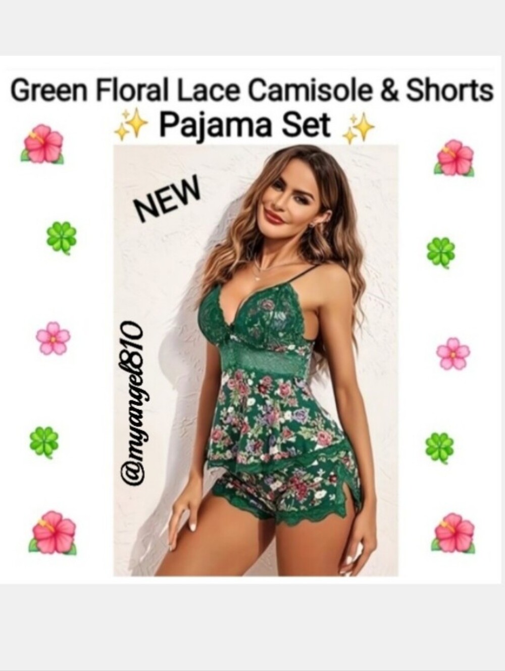 Brand New 🍀 Green Floral Lace Camisole & Shorts Pajama Set, Size XL